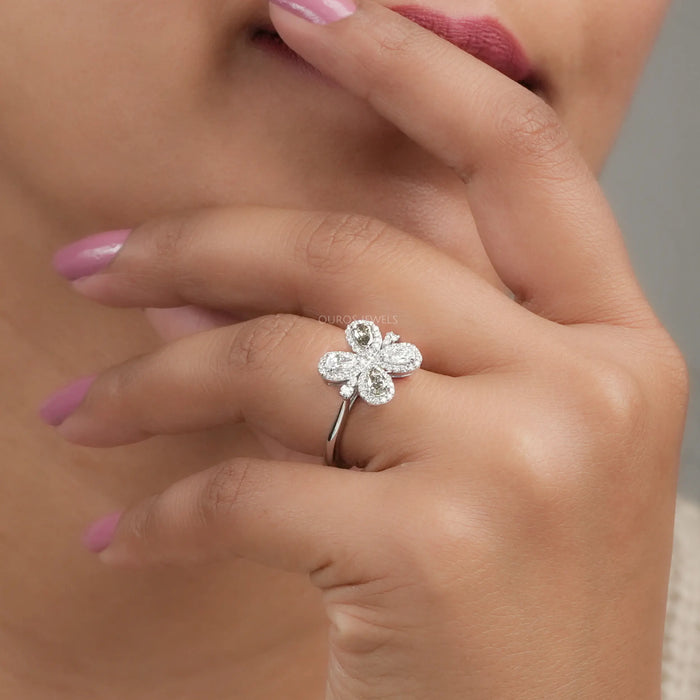 Unique Floral Shape Olive Pear Cut Halo Lab Diamond Ring