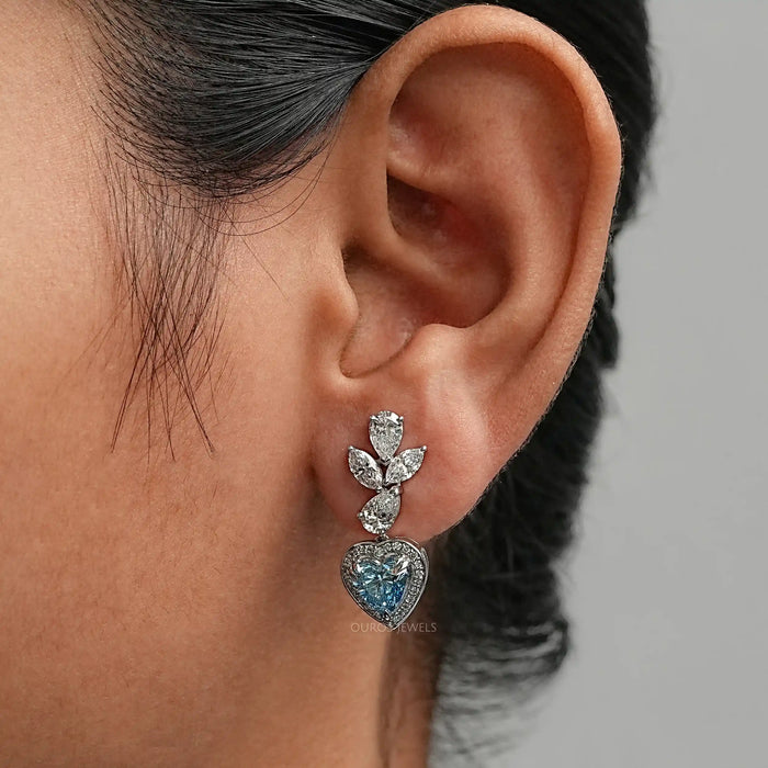 Blue Heart Lab Diamond Halo Drop Earrings