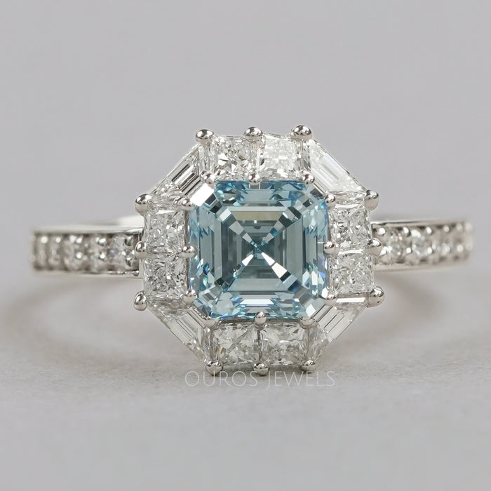 front view of fancy blue asscher-cut lab diamond halo colored engagement ring