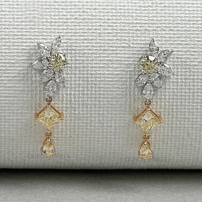 Yellow And White Diamond Floral Drop Earrings
