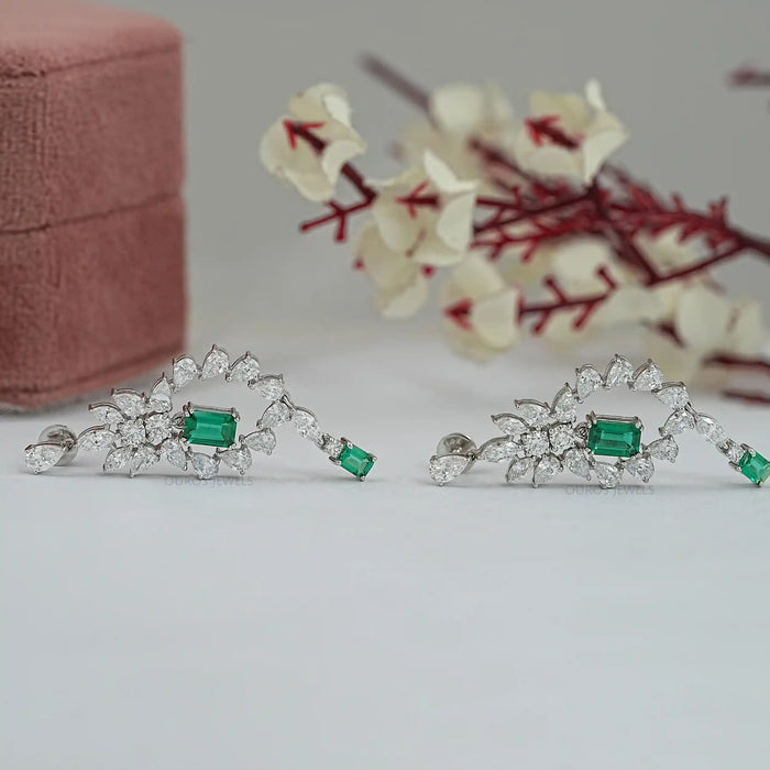 Green Emerald And Lab Diamond Dangle Earrings