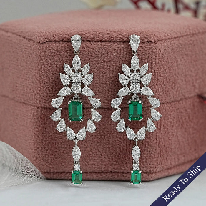 Green Emerald And Lab Diamond Dangle Earrings