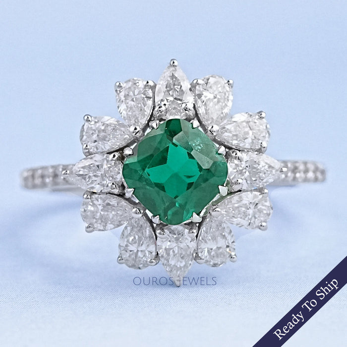 Green Cushion And Lab Diamond Halo Ring