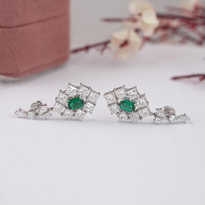 Green Emerald And Princess Diamond Halo Earrings