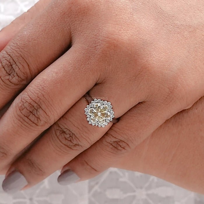 Yellow Pear Cut Lab Diamond Bezel Set Floral Style Halo Ring