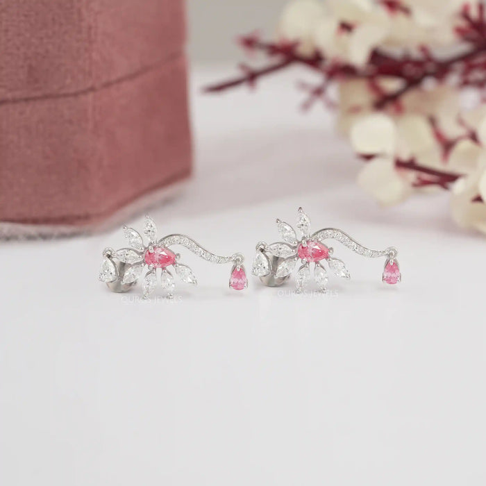 Pink Pear And Marquise Diamond Flower Drop Earrings