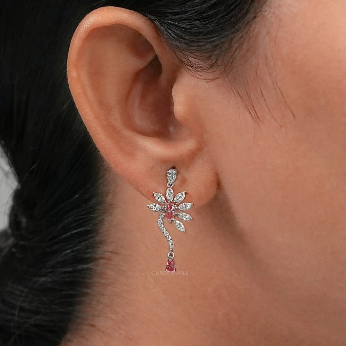 Pink Pear And Marquise Diamond Flower Drop Earrings