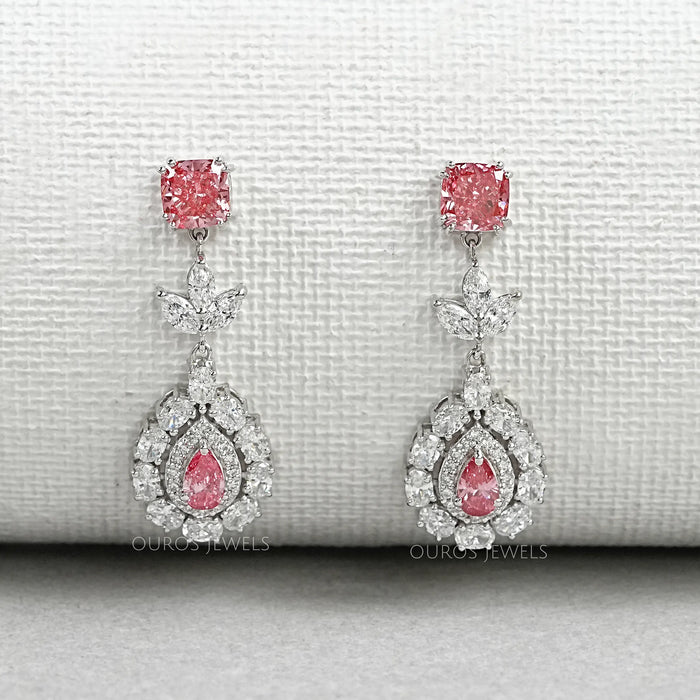 Pink Diamond Double Halo Pear Dangle Earrings