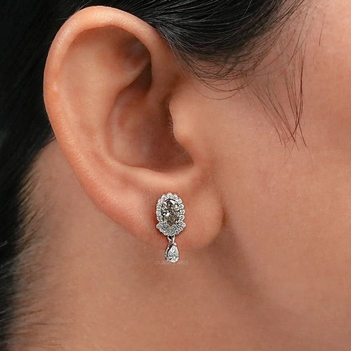 Olive Oval Diamond Halo Drop Earrings