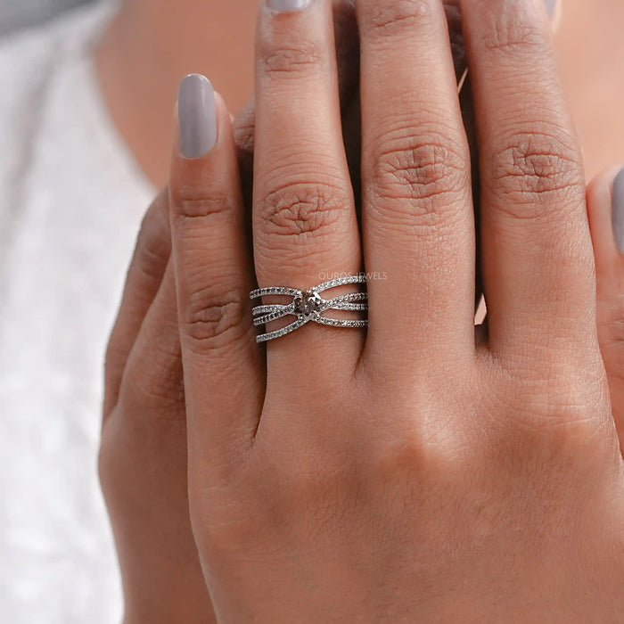 Brown Round Diamond Crossover Wedding Ring