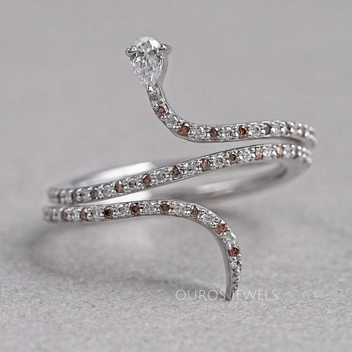 front view of round-cut brown lab diamond colored snake ring for engagement