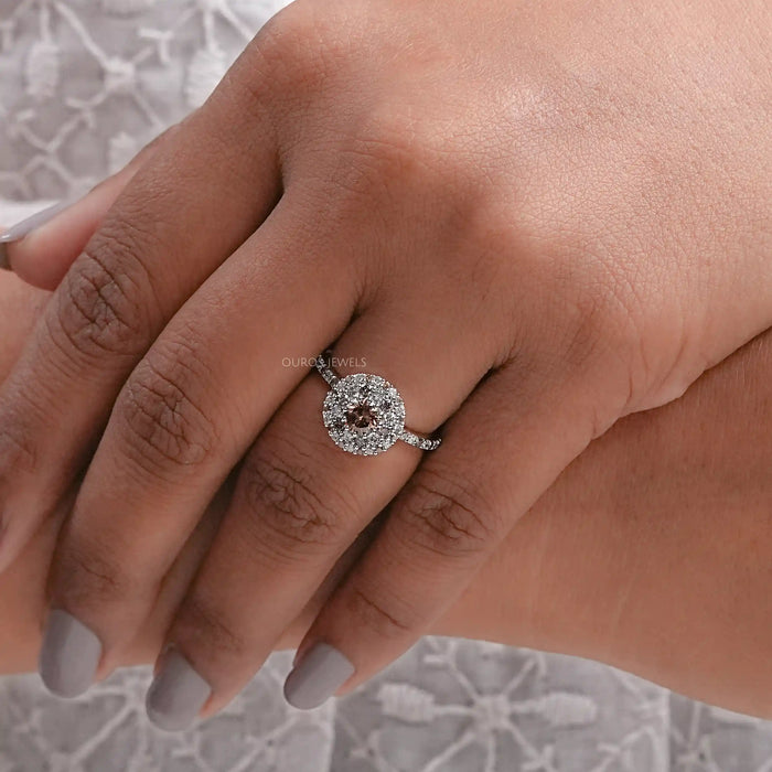 Fancy Round Brown Diamond Double Halo Accent Set Ring