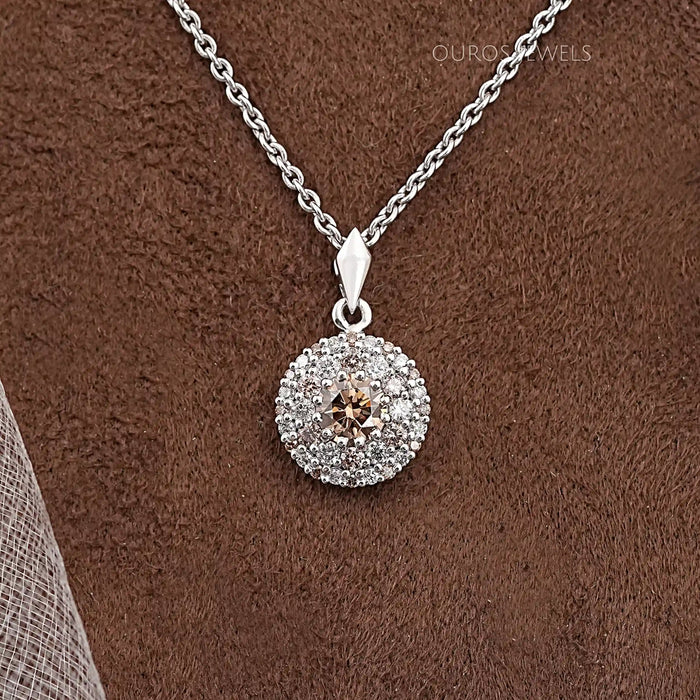 Double Halo Round Shape Champagne Diamond Pendant