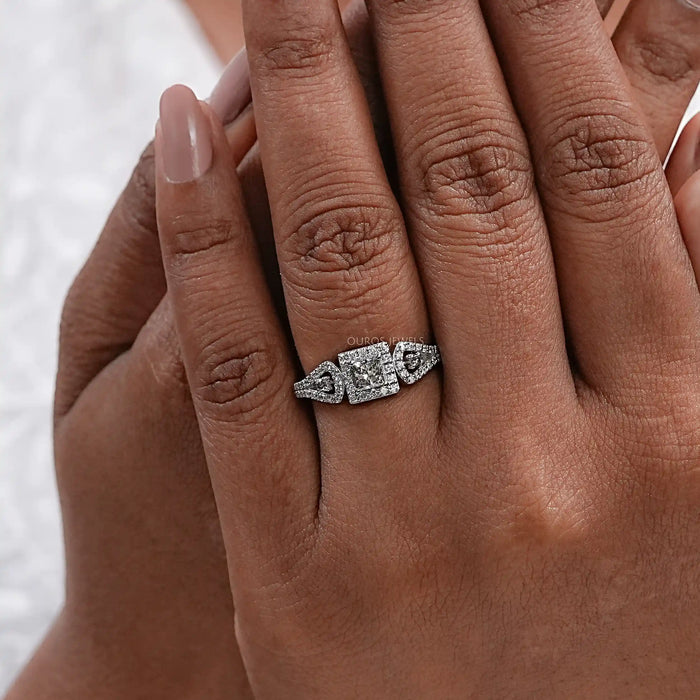 Olive Princess Cut Lab Diamond Three Stone Halo Ring