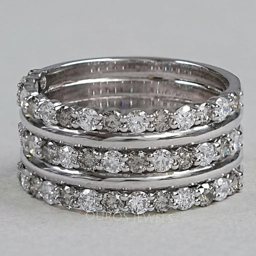front view of round-cut diamond half eternity three row colored wedding band