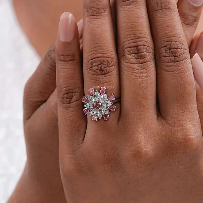 Pink Round Diamond Floral Style Cluster Ring