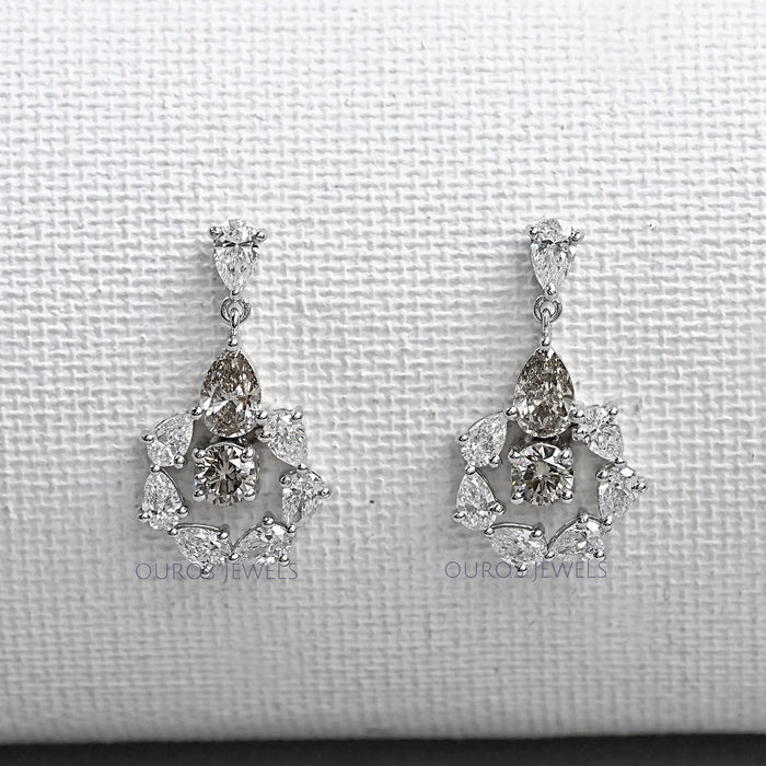 Olive Pear And Round Lab Diamonds Halo Drop Earrings