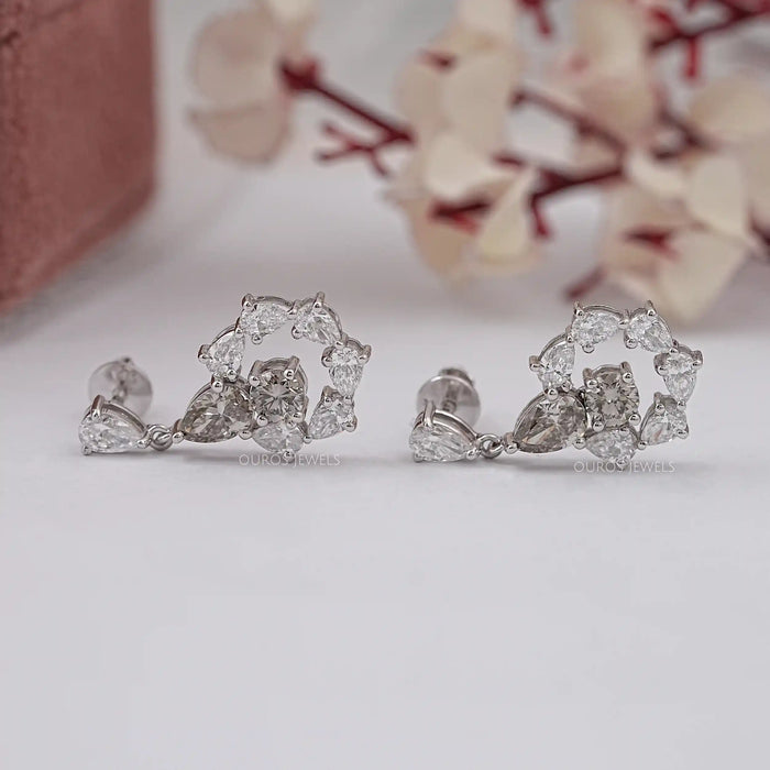 Olive Pear Diamond And Round Halo Drop Earrings