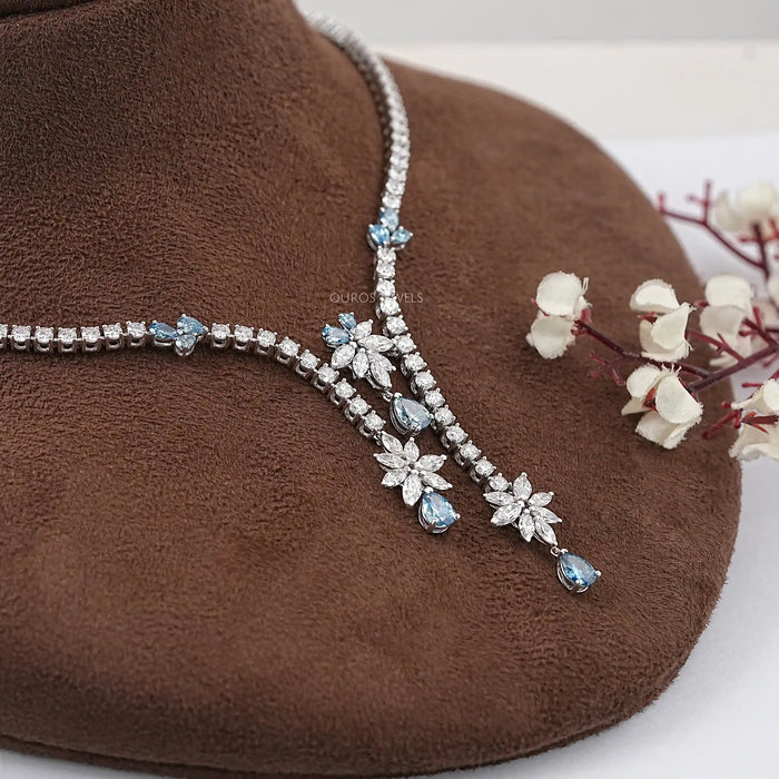Lab Diamond And Blue Pear Diamond Cluster Necklace