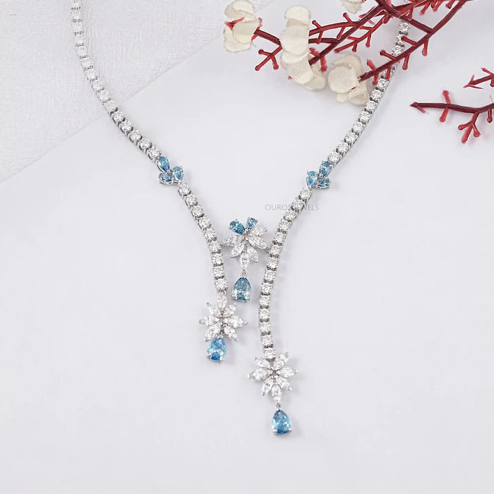 Lab Diamond And Blue Pear Diamond Cluster Necklace