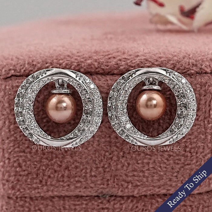 Round Diamond Halo Pearl  Earrings