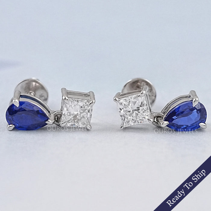 Sapphire Pear And Lab Diamond Two Stone Earrings