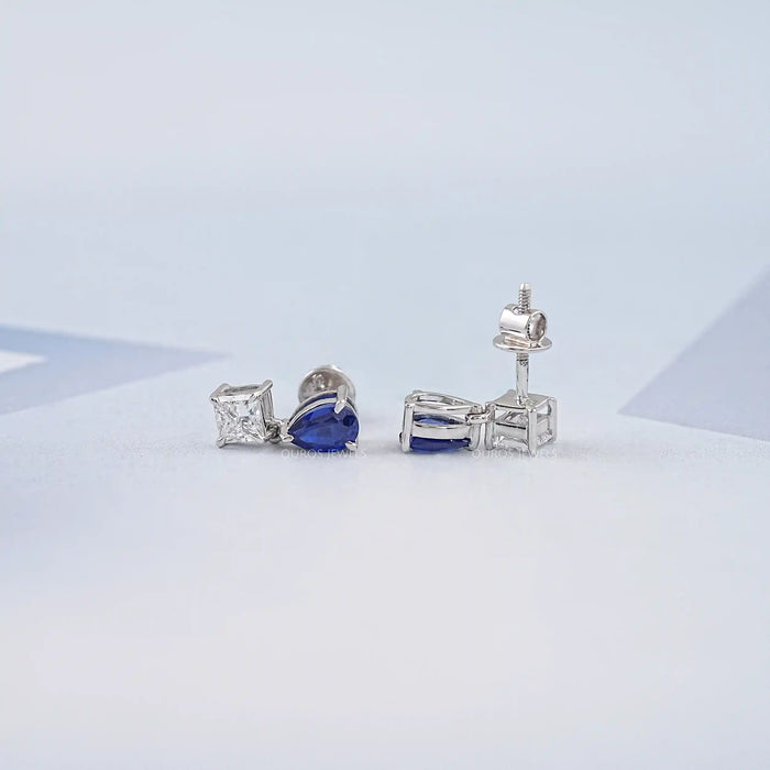 Pear Sapphire And  Princess Diamond Two Stone Earrings