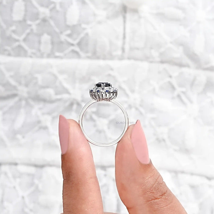 Blue Cushion Cut Lab Gemstone Double Halo Ring