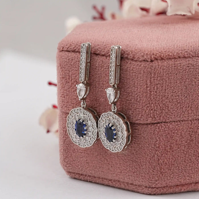 Sapphire Oval Gemstone And Double Halo Drop Earrings