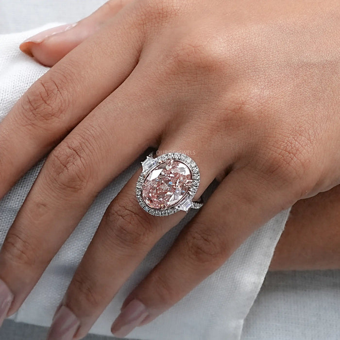 Pink Oval Cut With Trapezoid Accent Halo Engagement Ring