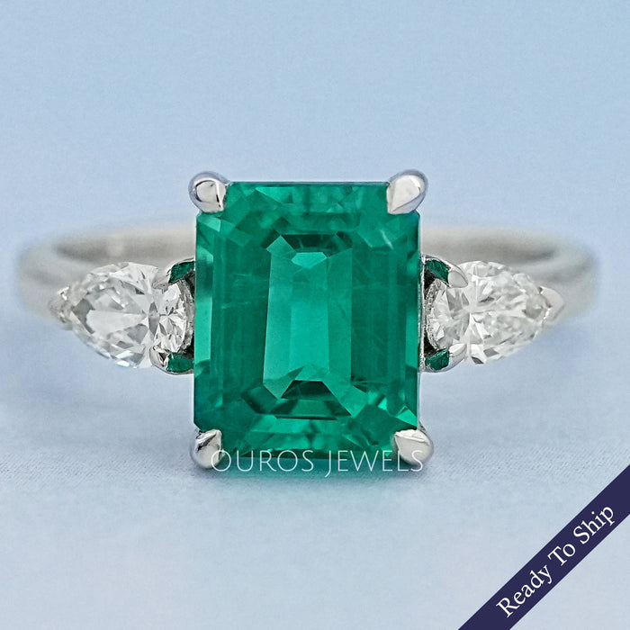 Three Stone Green Emerald Engagement Ring