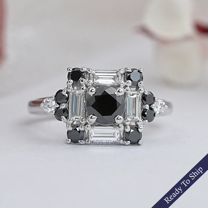 Black Round Diamond Halo Engagement Ring