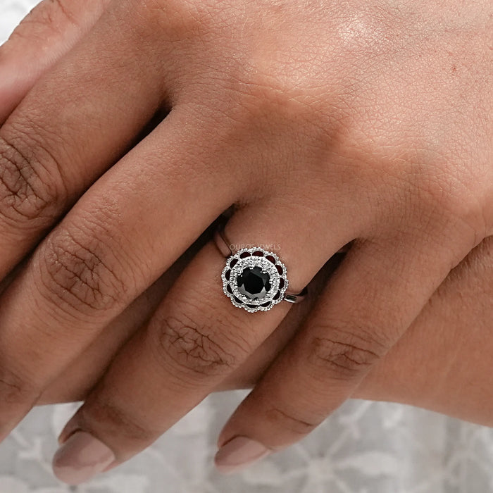 Black Round Diamond Double Halo Engagement Ring