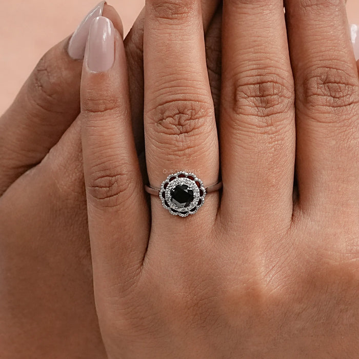 Black Round Diamond Double Halo Engagement Ring