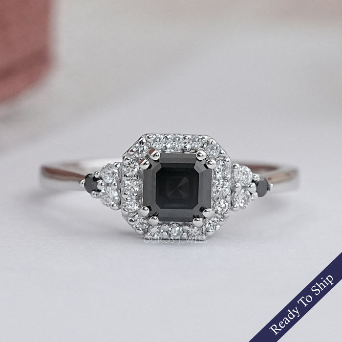 Black Asscher Diamond Halo Engagement Ring