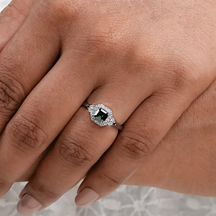 Black Asscher Diamond Halo Engagement Ring