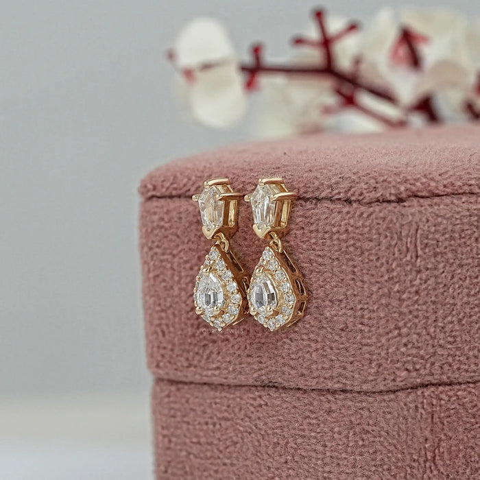 Step Cut Pear Diamond Halo Drop Dangle Earrings