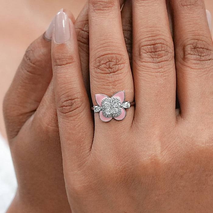 Antique Floral Cut Pink Enamel Engagement Ring