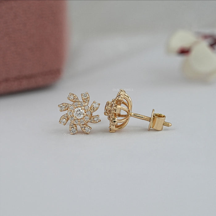 Round Lab Diamond Halo Floral Stud Earrings