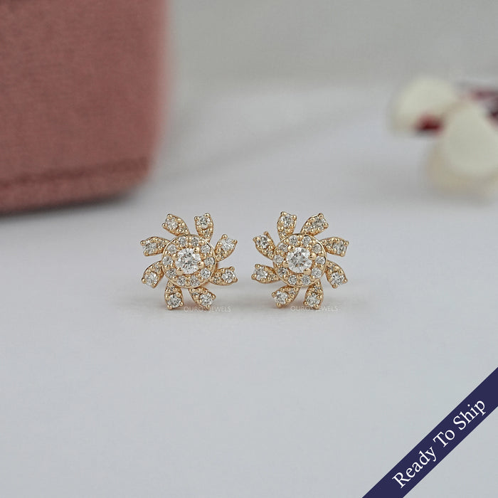 Round Lab Diamond Halo Floral Stud Earrings