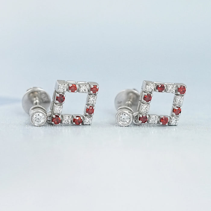 Bezel Set Round Ruby Gemstone Accent Drop Earrings