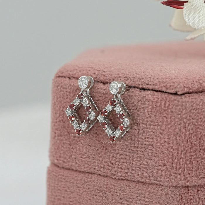 Ruby Round Gemstone Bezel Set Drop Earrings