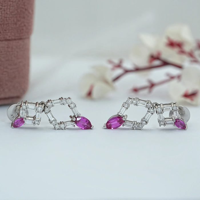 Pink Marquise Gemstone And Diamond Drop Earrings