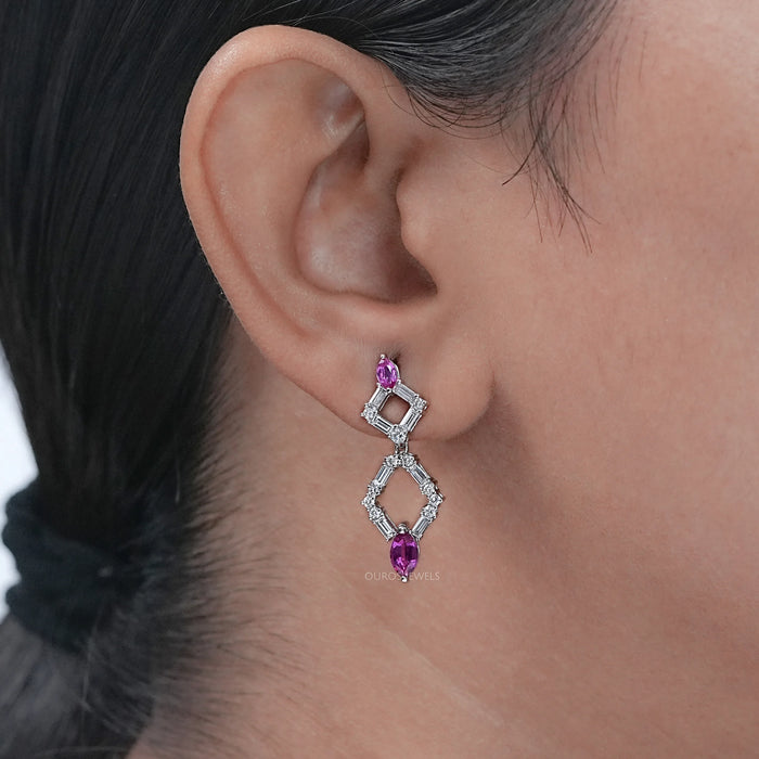 Pink Marquise Gemstone And Diamond Drop Earrings