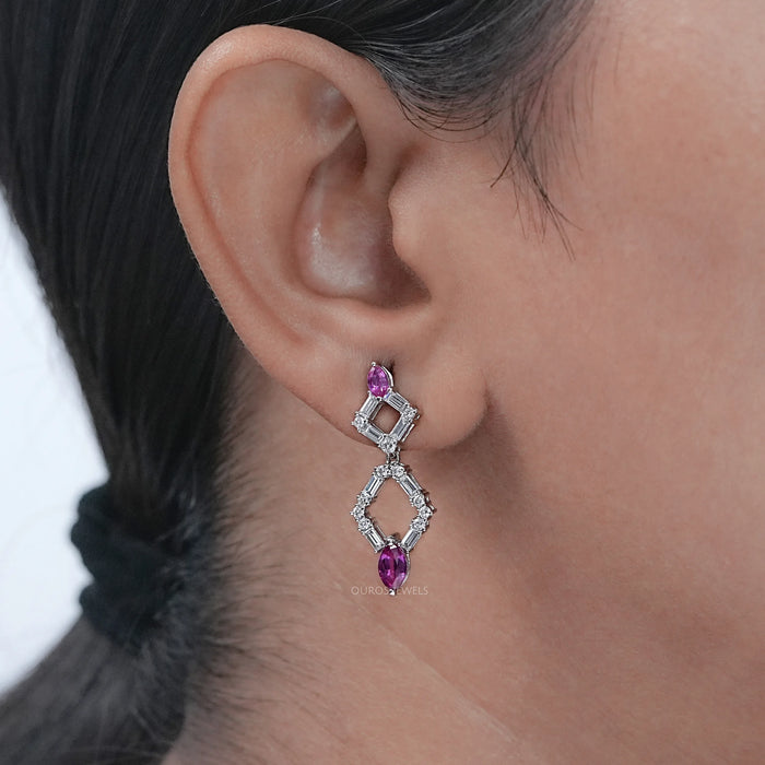 Pink Marquise Gemstone And Diamond Drop Earrings