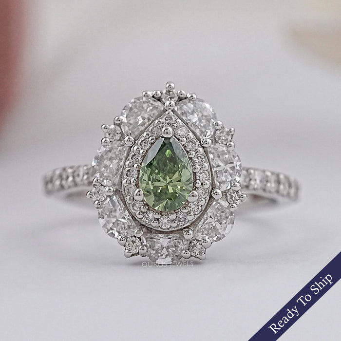 Green Pear Diamond Double Halo Engagement Ring