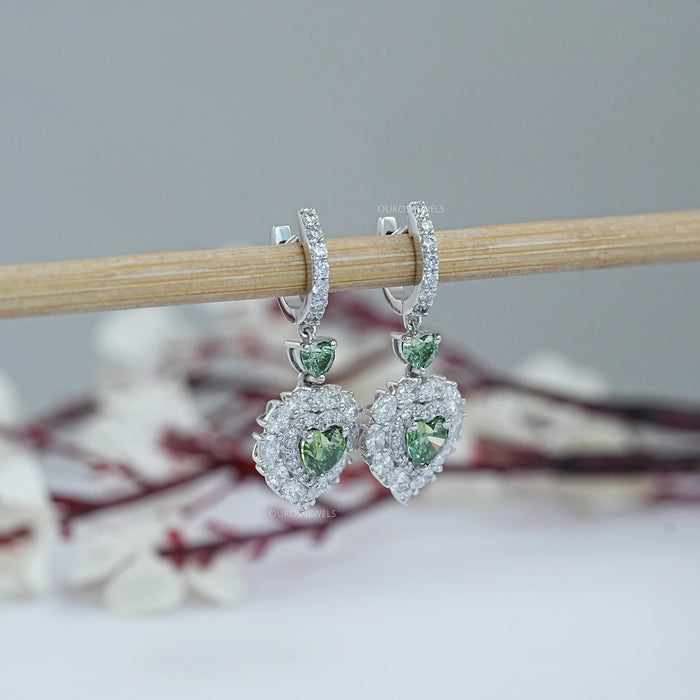 Green Heart Lab Diamond Halo Dangle Earrings