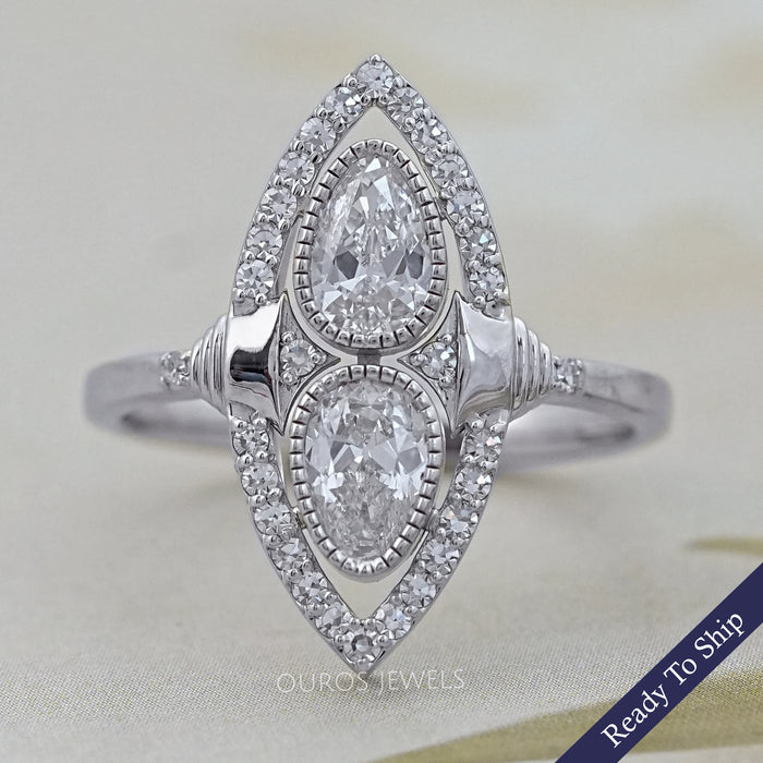 Old Mine Pear Lab Diamond Halo Navette Engagement Ring