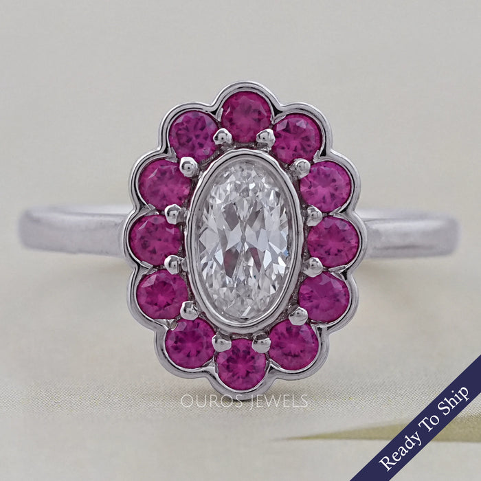 Old Mine Oval Cut Pink Halo Floral Engagement Ring
