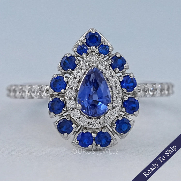 Blue Pear And Round Cut Double Halo Solitaire Accent Ring